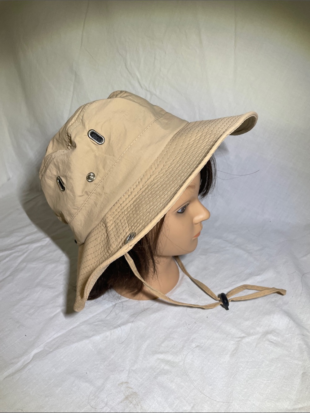 Breathable Women's Tan Bucket Hat with Chin Cord